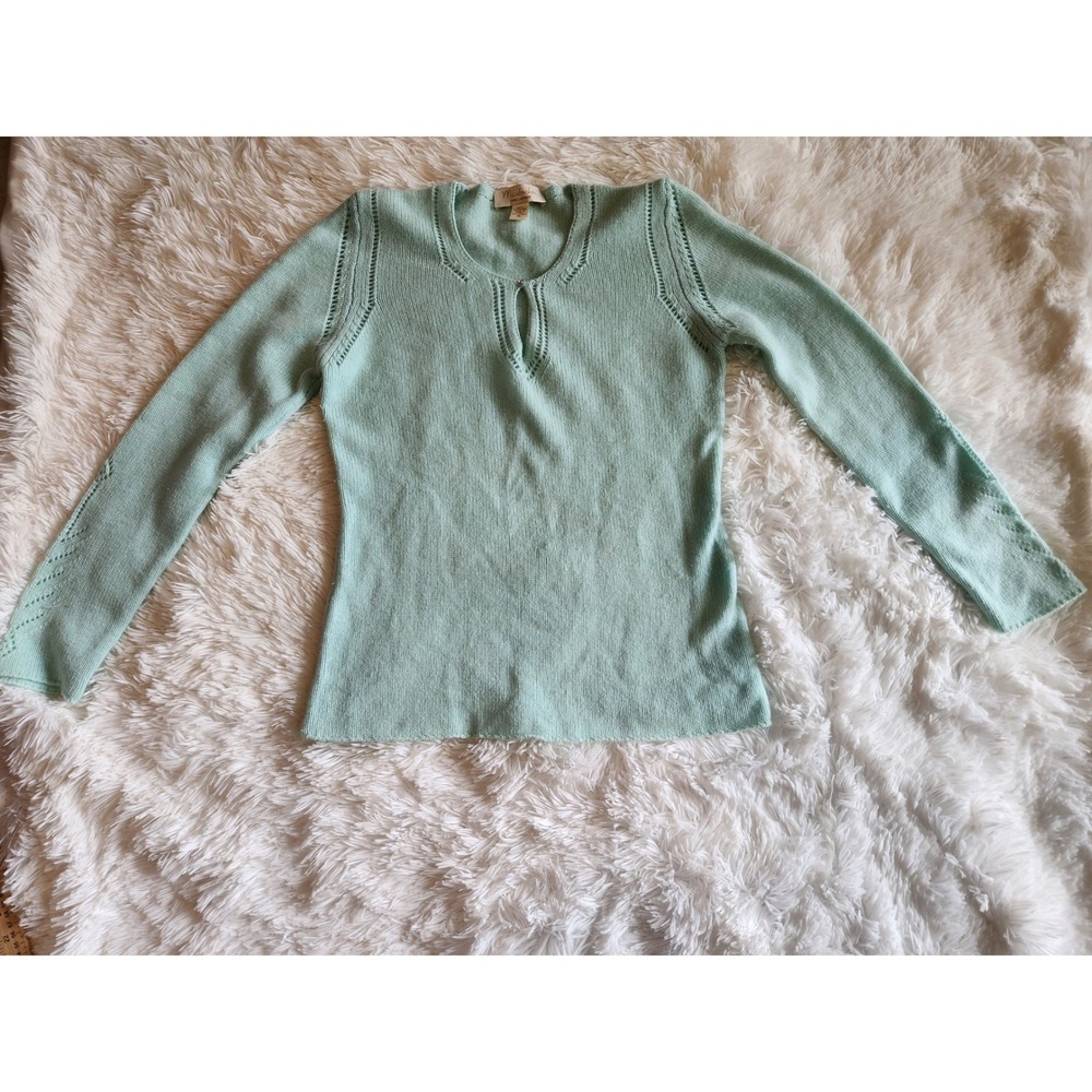 Mainbocher Pure Cashmere Sweater Mint Green Pointelle Keyhole Neck Size M